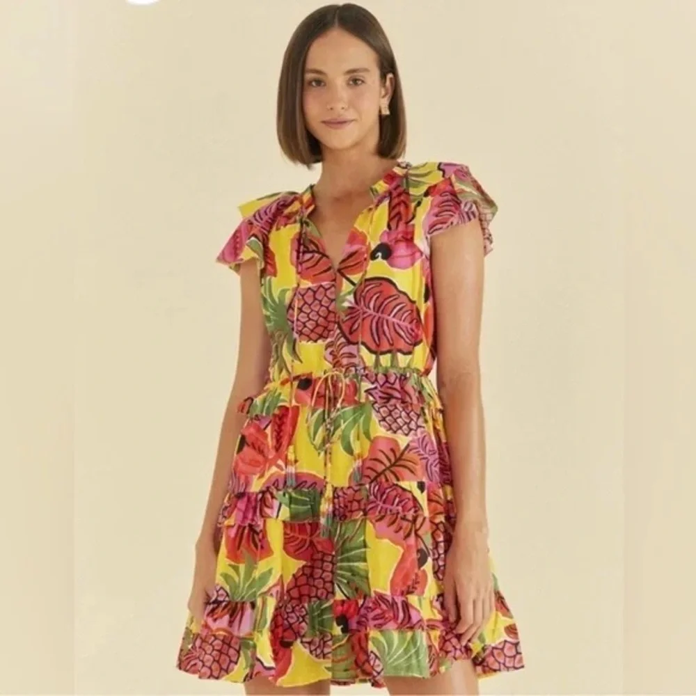Farm Rio Dream Garden Ruffle Mini Dress Multicolor Size M Tropical Beach Vacay - Picture 2 of 8